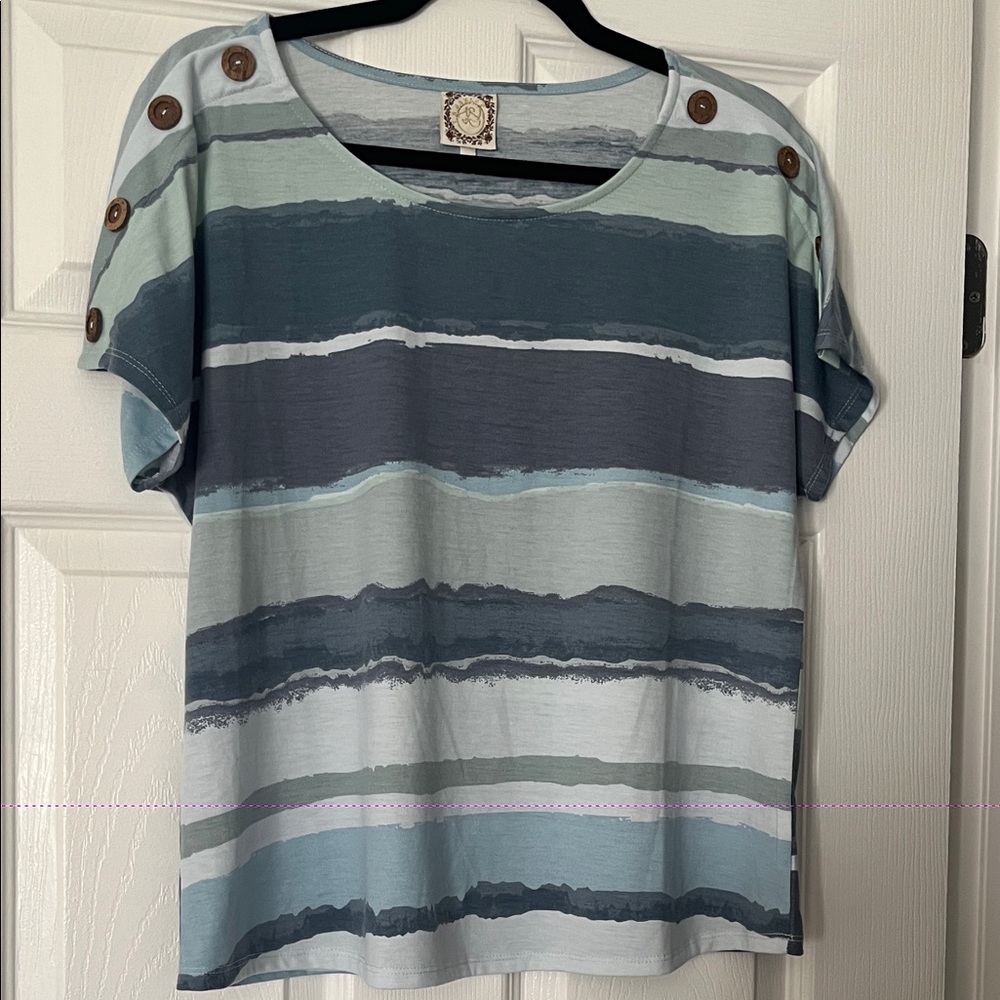 Striped Blue and Gray Short Sleeve Women's Top